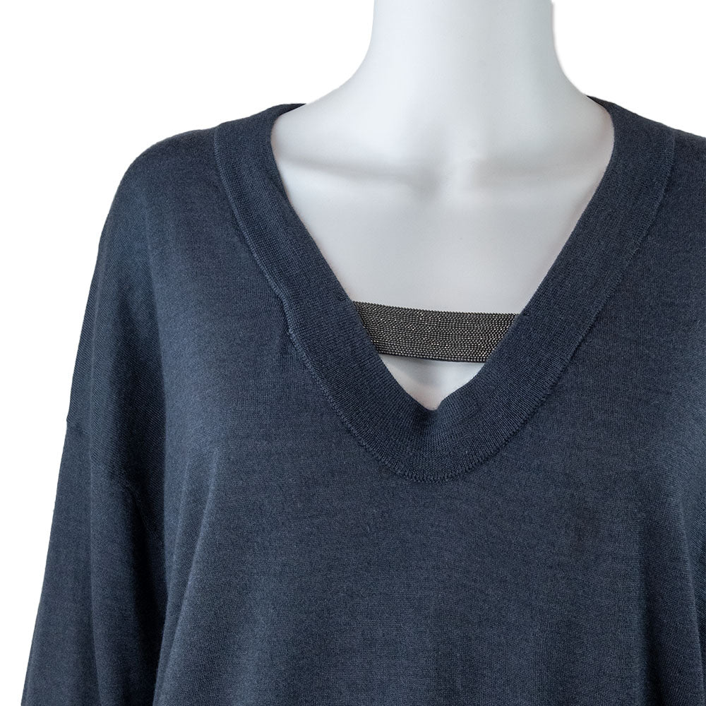 Brunello Cucinelli Cashmere Navy Blue V- Neck Sweater