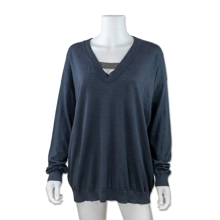 Brunello Cucinelli Cashmere Navy Blue V- Neck Sweater