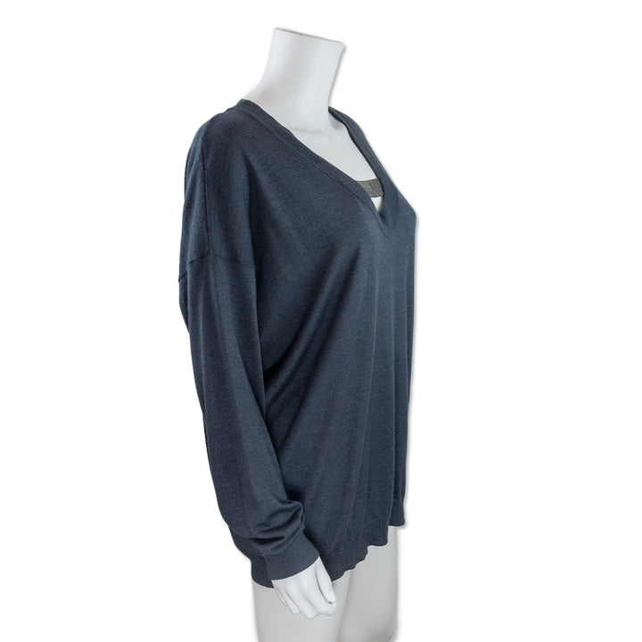 Brunello Cucinelli Cashmere Navy Blue V- Neck Sweater