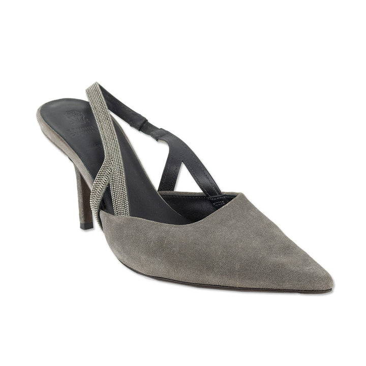 Brunello Cucinelli Monili Gray Suede Slingback Heels