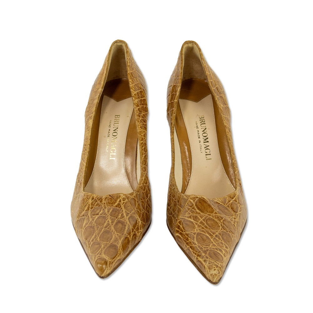 Bruno Magli Tan Genuine Crocodile Leather Pumps