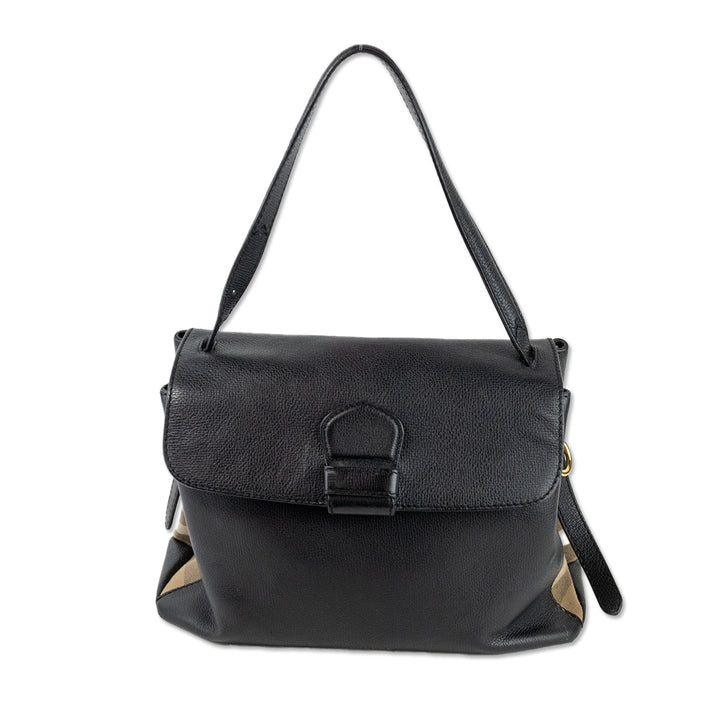 Burberry Black Leather Top Handle with Nova Check Canvas Sides