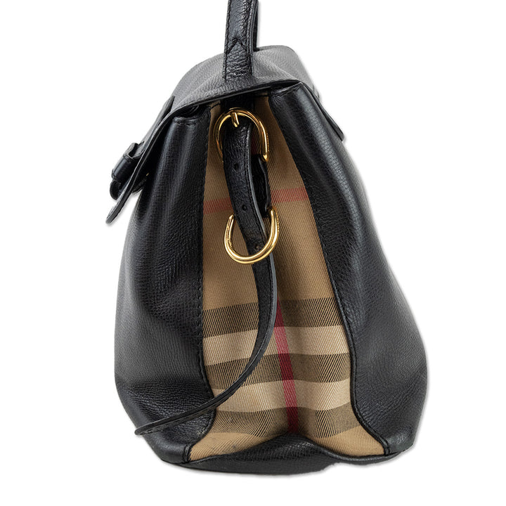 Burberry Black Leather Top Handle with Nova Check Canvas Sides