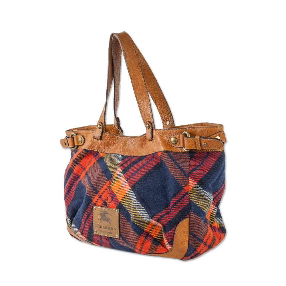 Burberry Blue Label Navy Plaid Wool Brown Leather Trim Tote