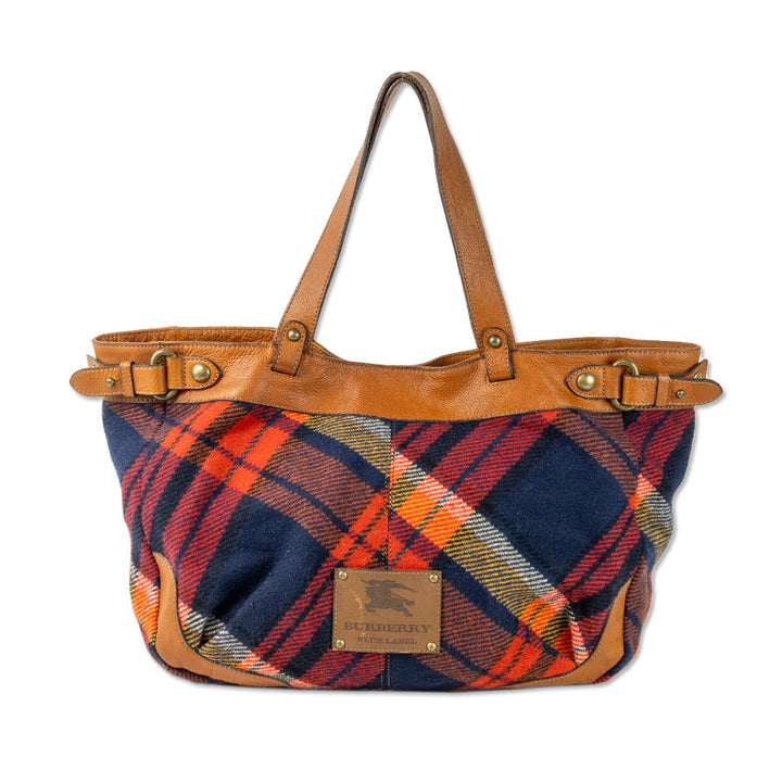 Burberry Blue Label Navy Plaid Wool Brown Leather Trim Tote