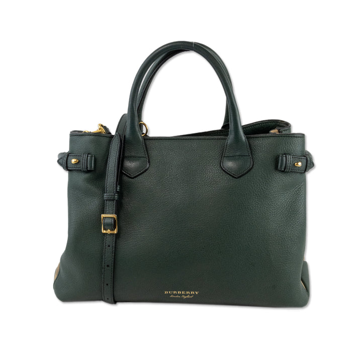 Burberry Green Leather Tote with Plaid Canvas Sides