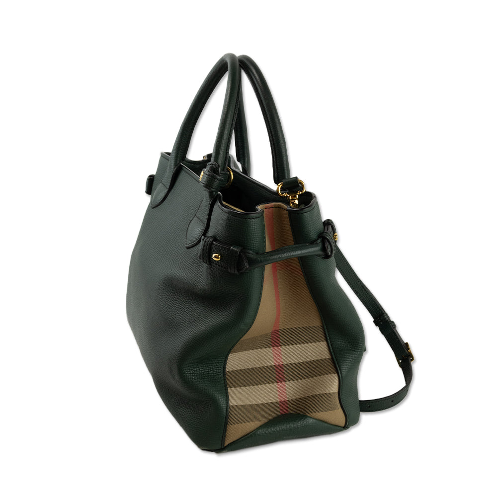 Burberry Green Leather Tote with Plaid Canvas Sides