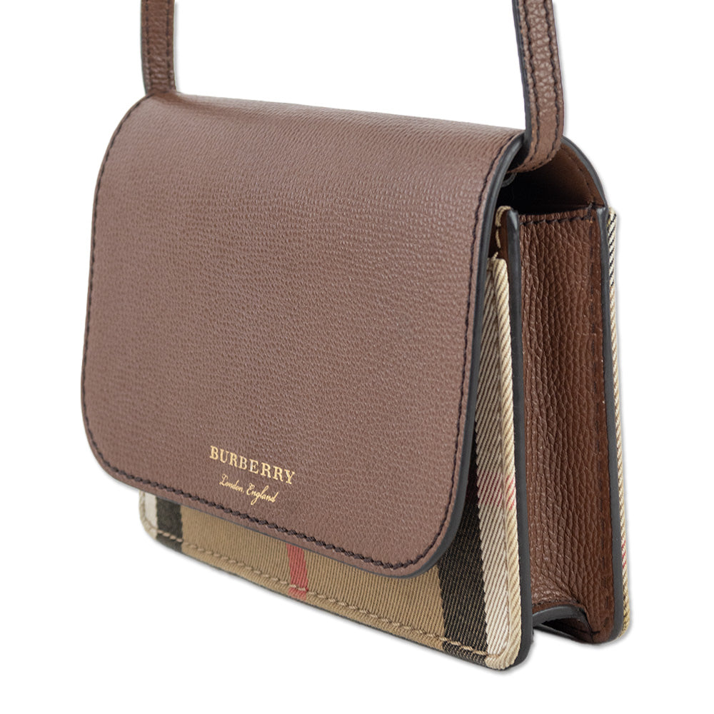 Burberry Hampshire Brown Leather & House Check Canvas Crossbody Bag