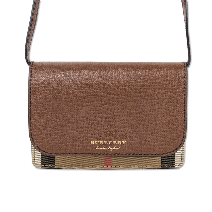 Burberry Hampshire Brown Leather & House Check Canvas Crossbody Bag