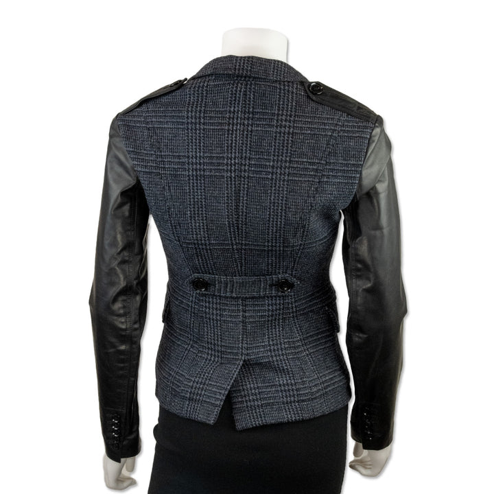 Burberry Navy Houndstooth Blazer with Black Leather Sleeves