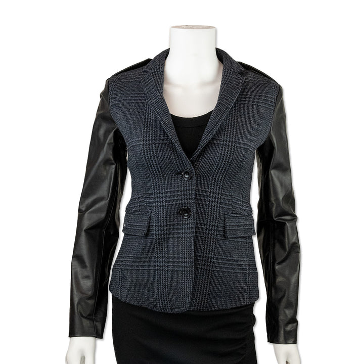 Burberry Navy Houndstooth Blazer with Black Leather Sleeves