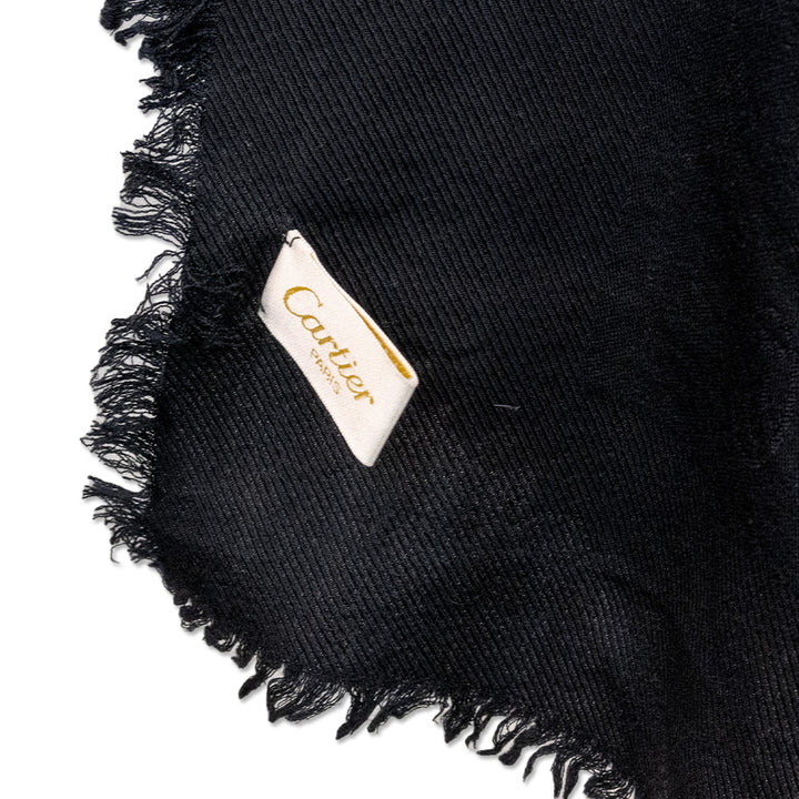 Cartier Black Jacquard Silk Wool Blend Fringe Scarf