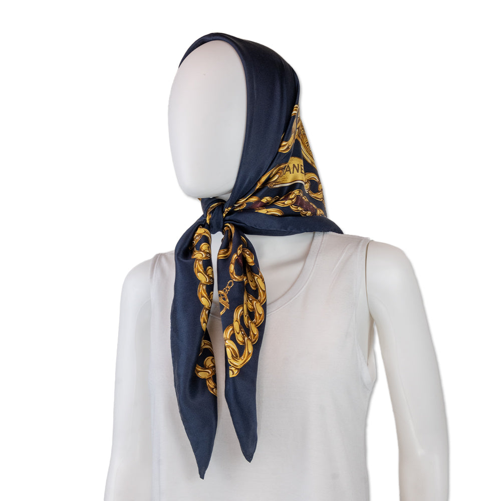 Chanel Navy Gold Chain Pattern Silk Scarf