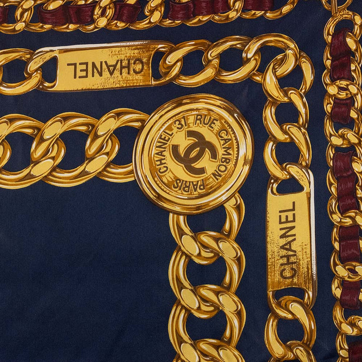 Chanel Navy Gold Chain Pattern Silk Scarf