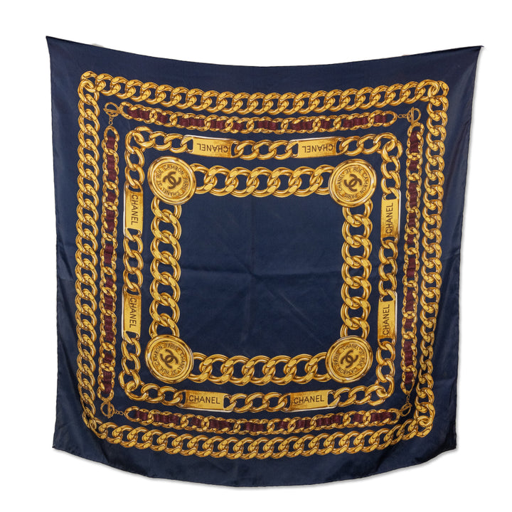 Chanel Navy Gold Chain Pattern Silk Scarf