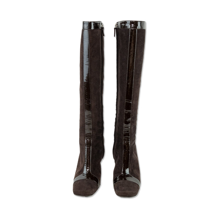 Celine Brown Suede Patent Leather Trim Knee High Stiletto Boots