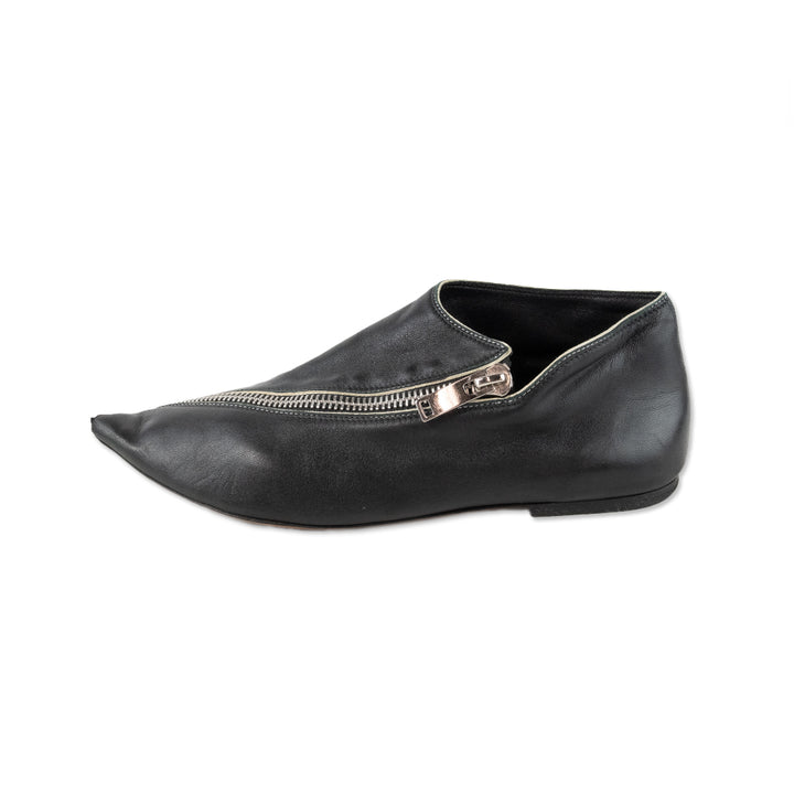 Celine Pointed Toe Zipper Black Leather Flats