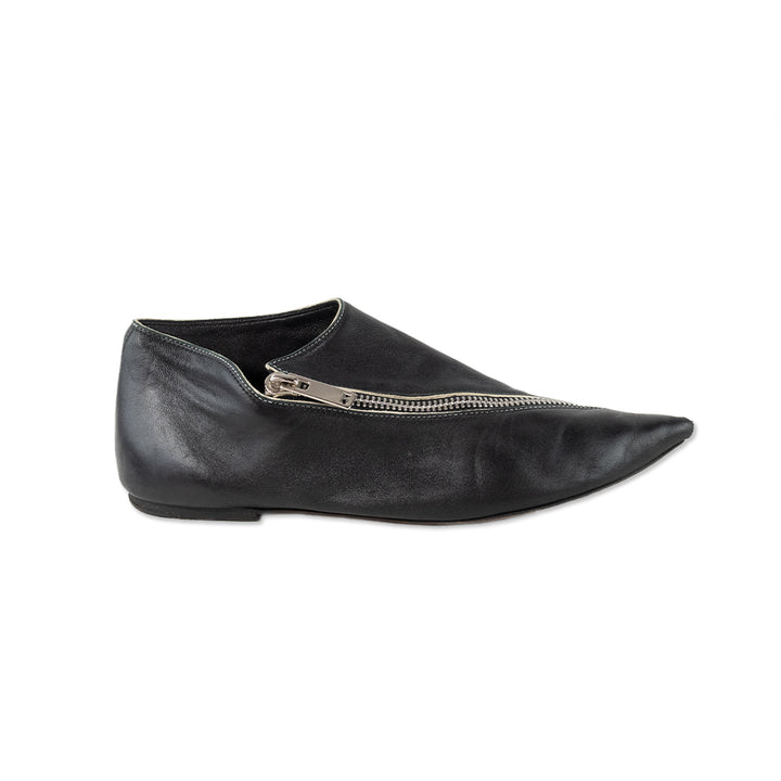 Celine Pointed Toe Zipper Black Leather Flats