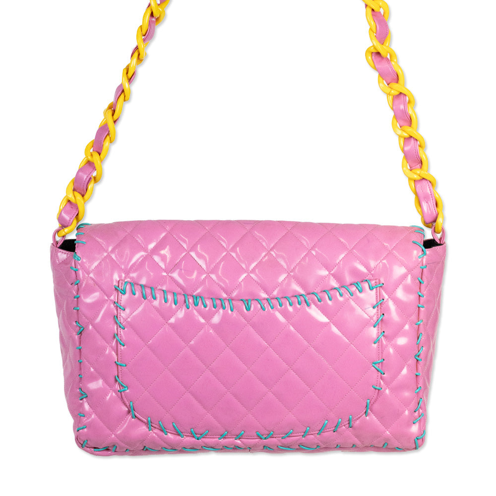 Chanel Vintage 1994 "Barbie" Pink Quilted Patent Leather Jumbo Flap Handbag