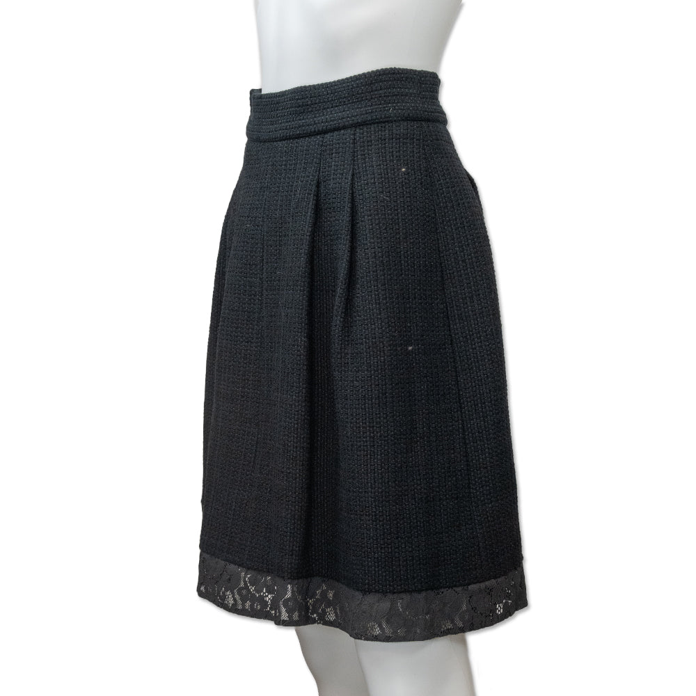 Chanel Black Cotton Tweed Lace Trim Pleated Skirt