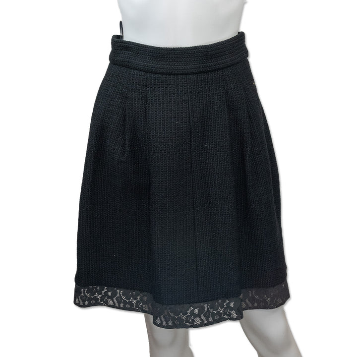 Chanel Black Cotton Tweed Lace Trim Pleated Skirt