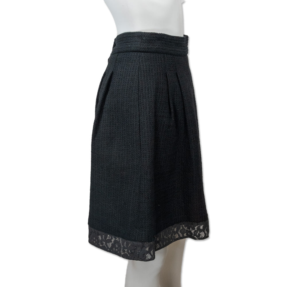 Chanel Black Cotton Tweed Lace Trim Pleated Skirt