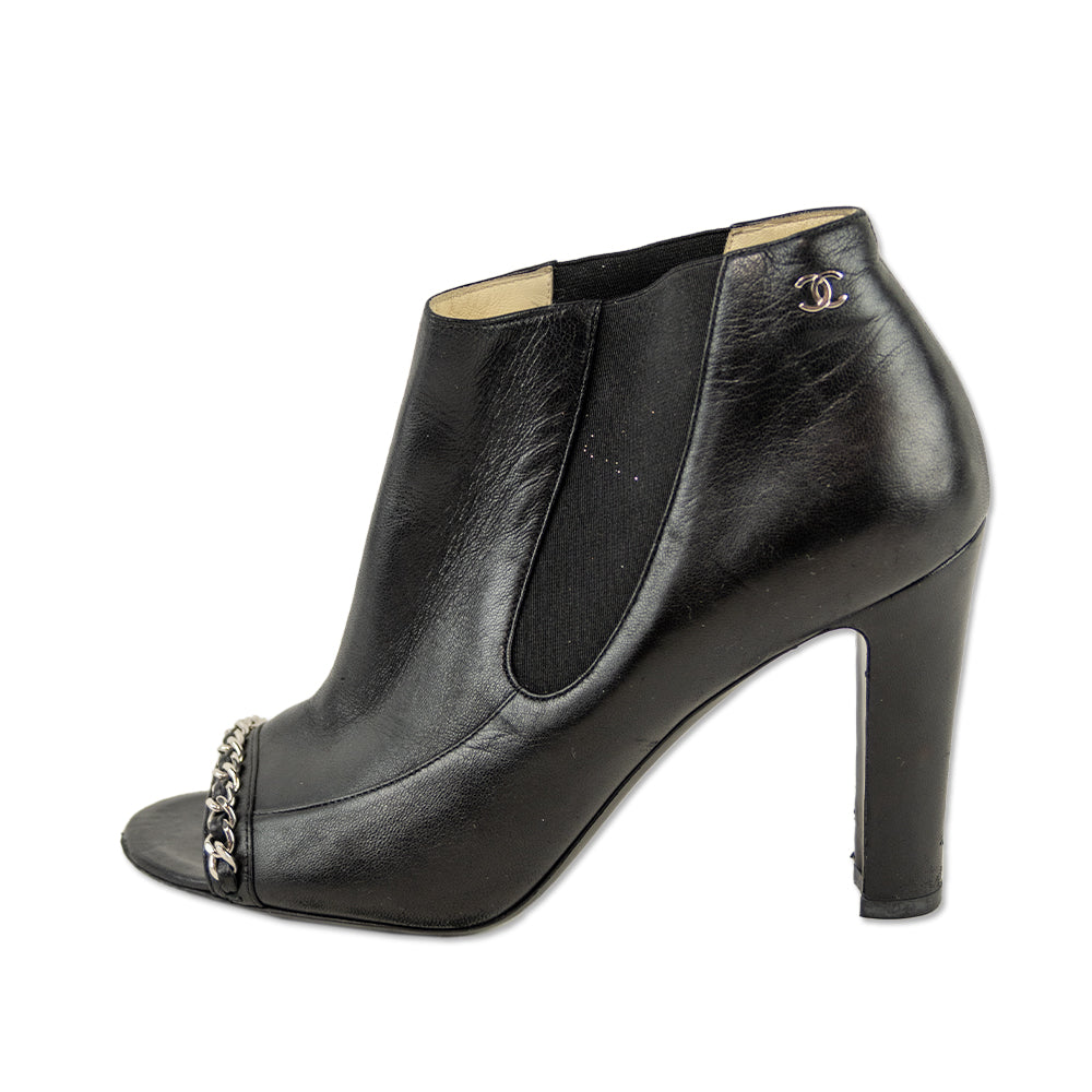 Chanel Black Leather Chain Peep Toe Chelsea Booties