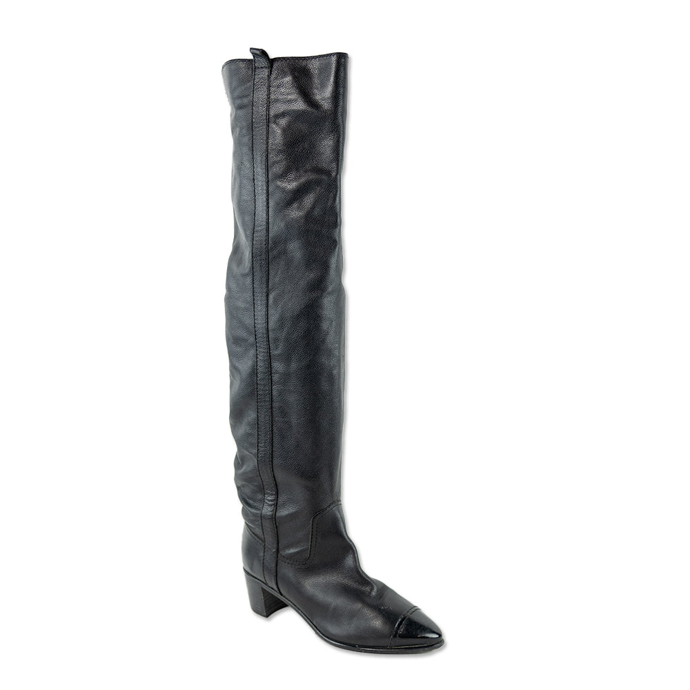 Chanel Black Leather Patent Cap Toe Over-The-Knee Boots