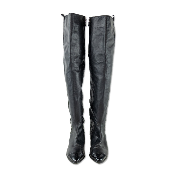 Chanel Black Leather Patent Cap Toe Over-The-Knee Boots