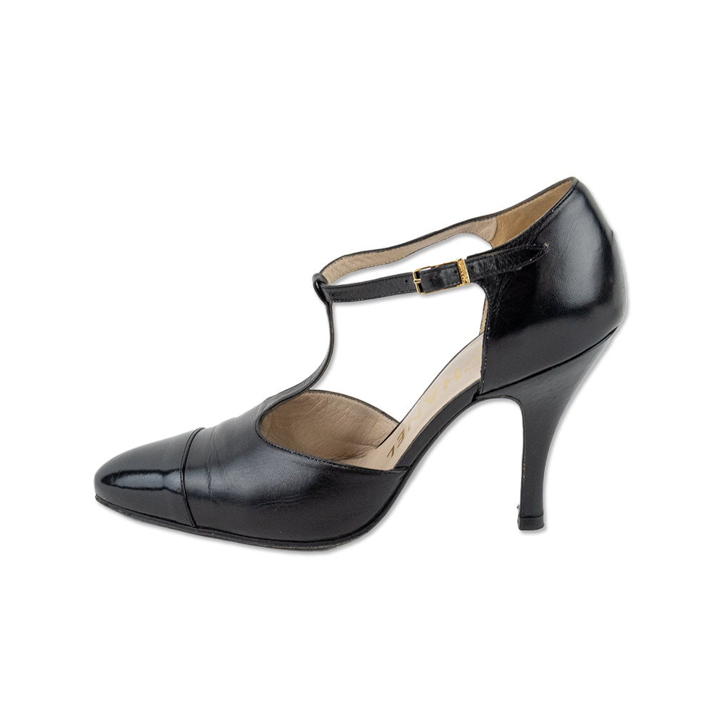 Chanel Black Leather T Strap Pointed Toe Pumps