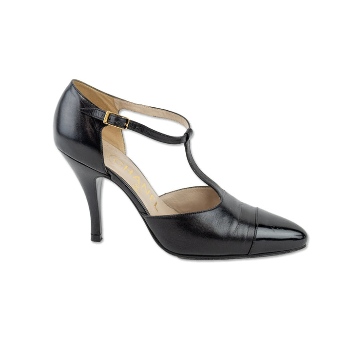 Chanel Black Leather T Strap Pointed Toe Pumps