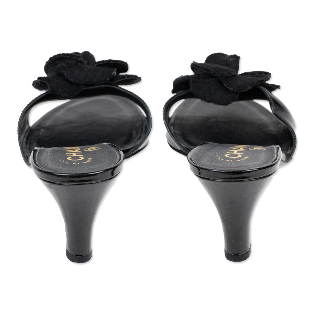 Chanel Black Patent Leather Camellia Flower Accent Mules