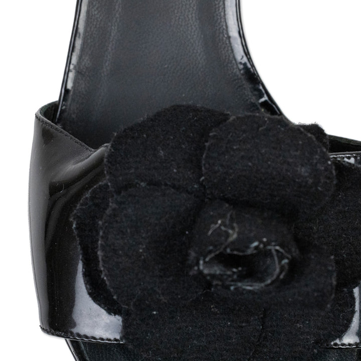 Chanel Black Patent Leather Camellia Flower Accent Mules