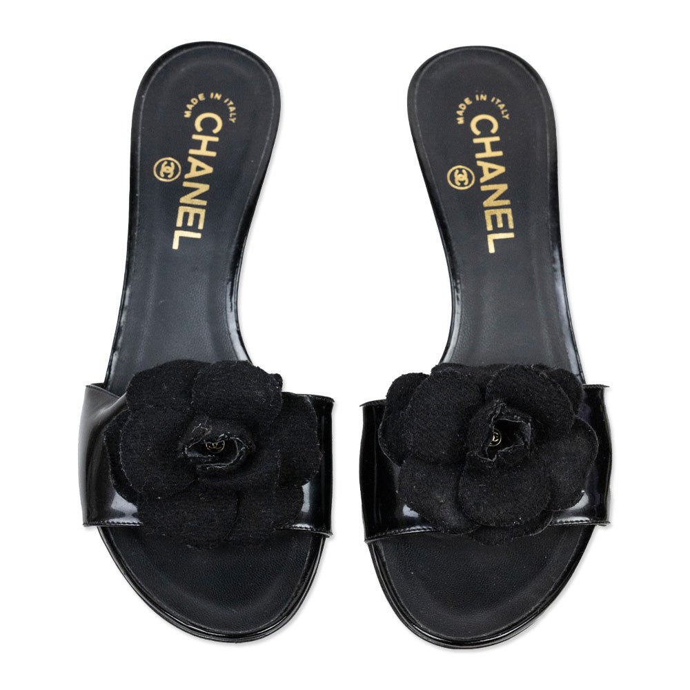 Chanel Black Patent Leather Camellia Flower Accent Mules