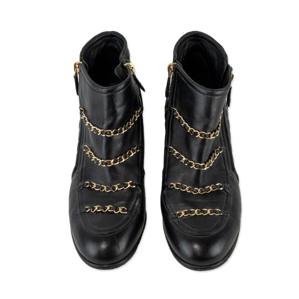 Chanel Black Quilted Leather Chain Accented Ankle Boots