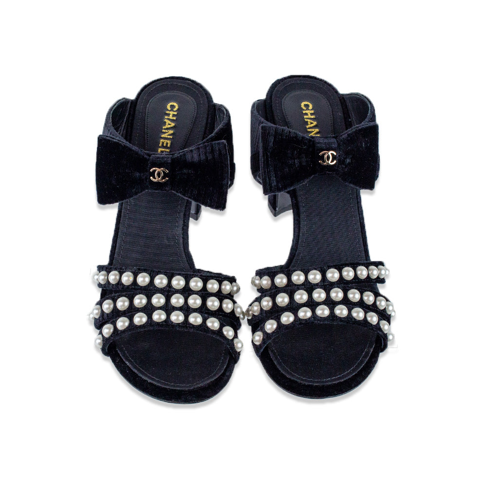 Chanel Black Ribbed Velvet Pearl Bow Accent Heeled Mules