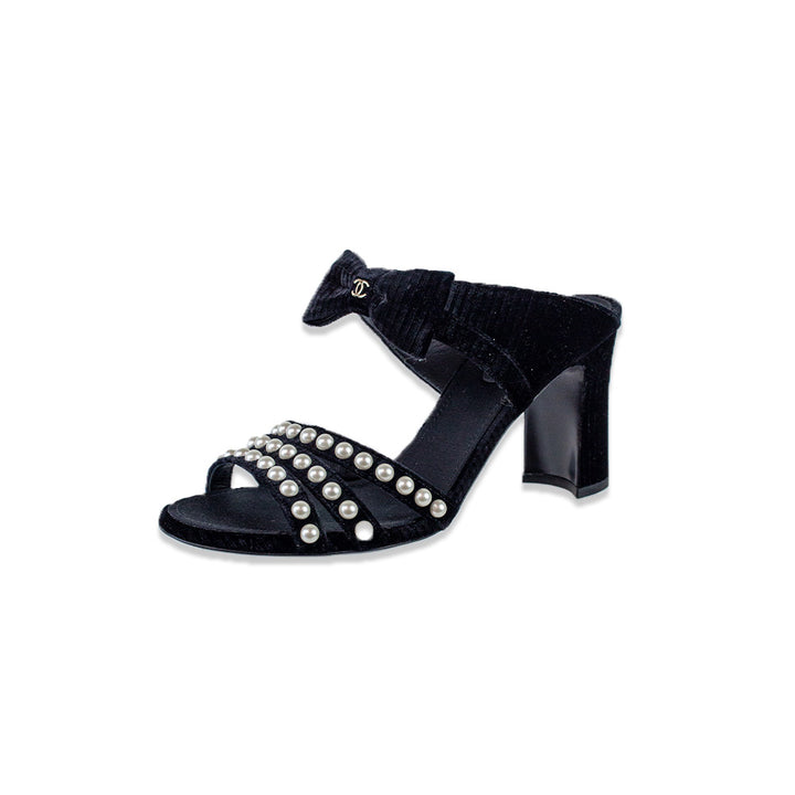 Chanel Black Ribbed Velvet Pearl Bow Accent Heeled Mules