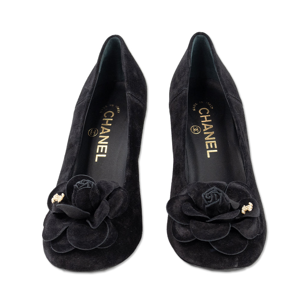 Chanel Black Suede Camilla Flower Round Toe Pumps