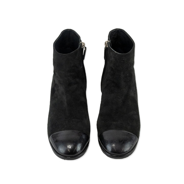 Chanel Black Suede Cap Toe Ankle Boots with Embellished Heel