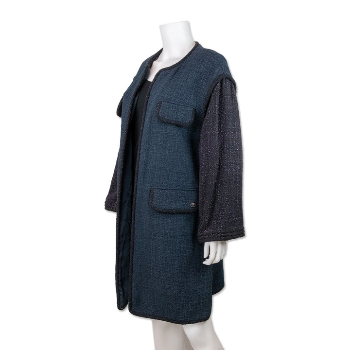 Chanel Blue Tweed Trench Coat with Purple Accents