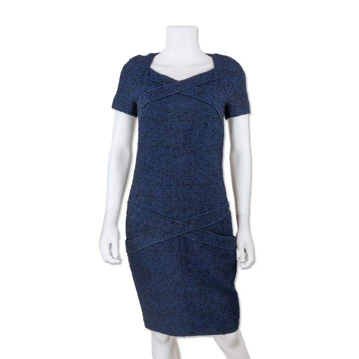 Chanel Blue and Black Tweed Shift Dress with Cross Pattern