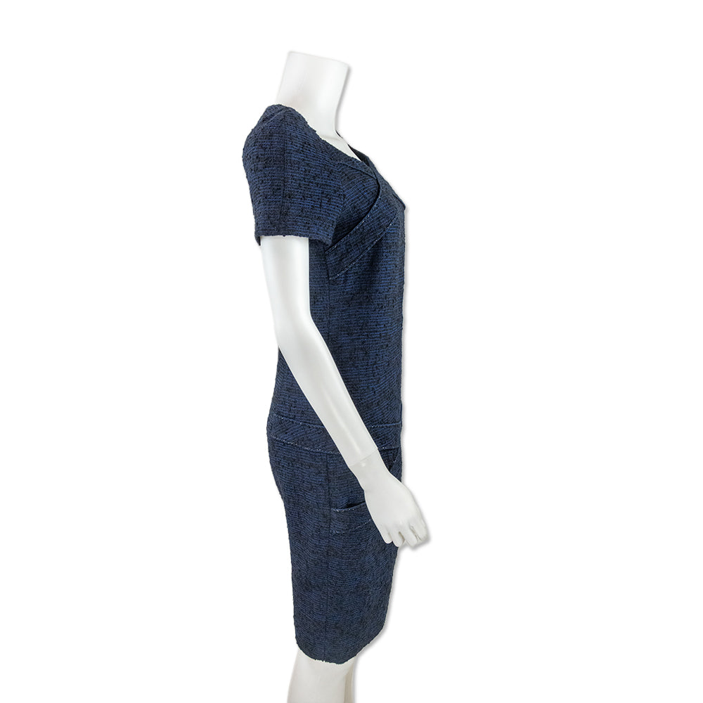 Chanel Blue and Black Tweed Shift Dress with Cross Pattern