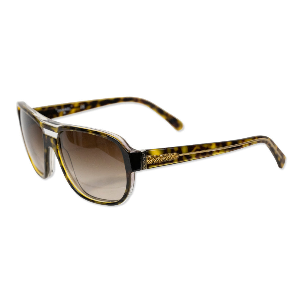 Chanel Brown Tortoiseshell Acetate Square Aviator Sunglasses