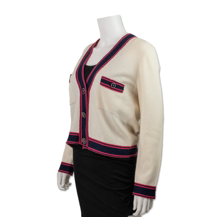 Chanel Cream Knit Cashmere Cardigan with Blue and Pink Stripes