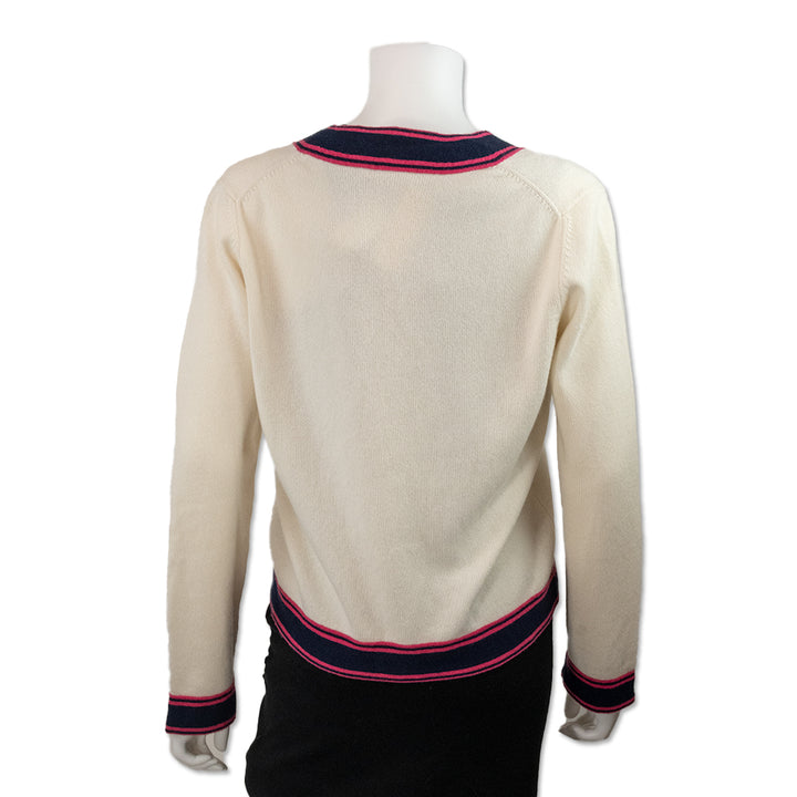 Chanel Cream Knit Cashmere Cardigan with Blue and Pink Stripes