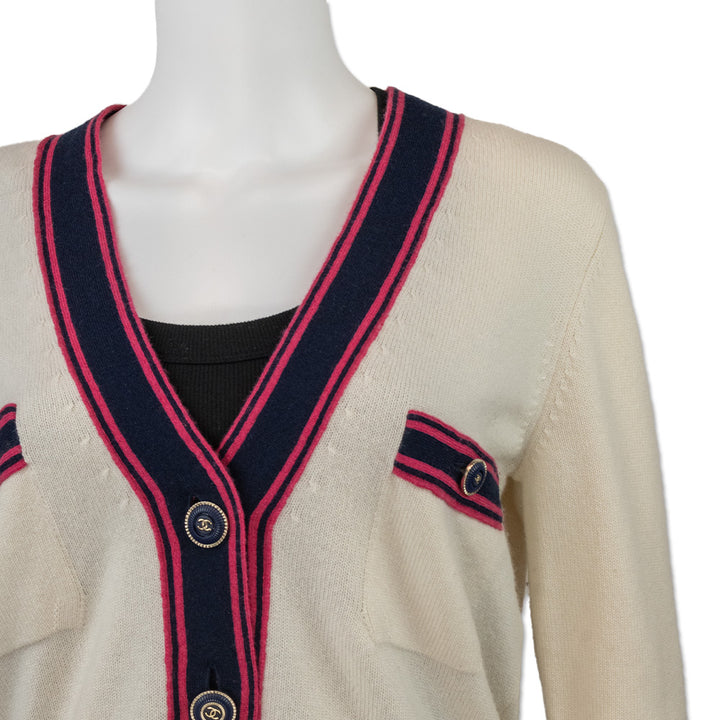 Chanel Cream Knit Cashmere Cardigan with Blue and Pink Stripes