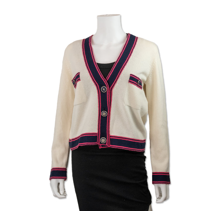 Chanel Cream Knit Cashmere Cardigan with Blue and Pink Stripes