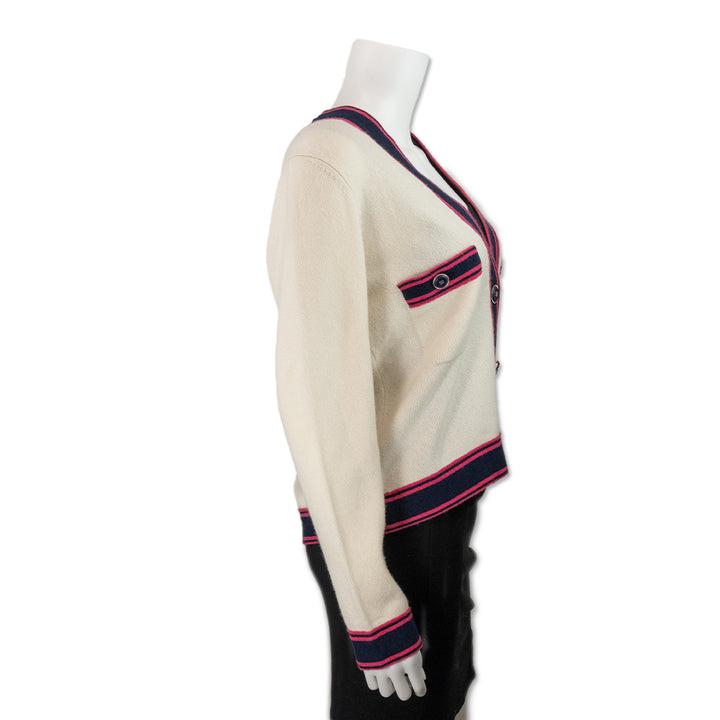 Chanel Cream Knit Cashmere Cardigan with Blue and Pink Stripes