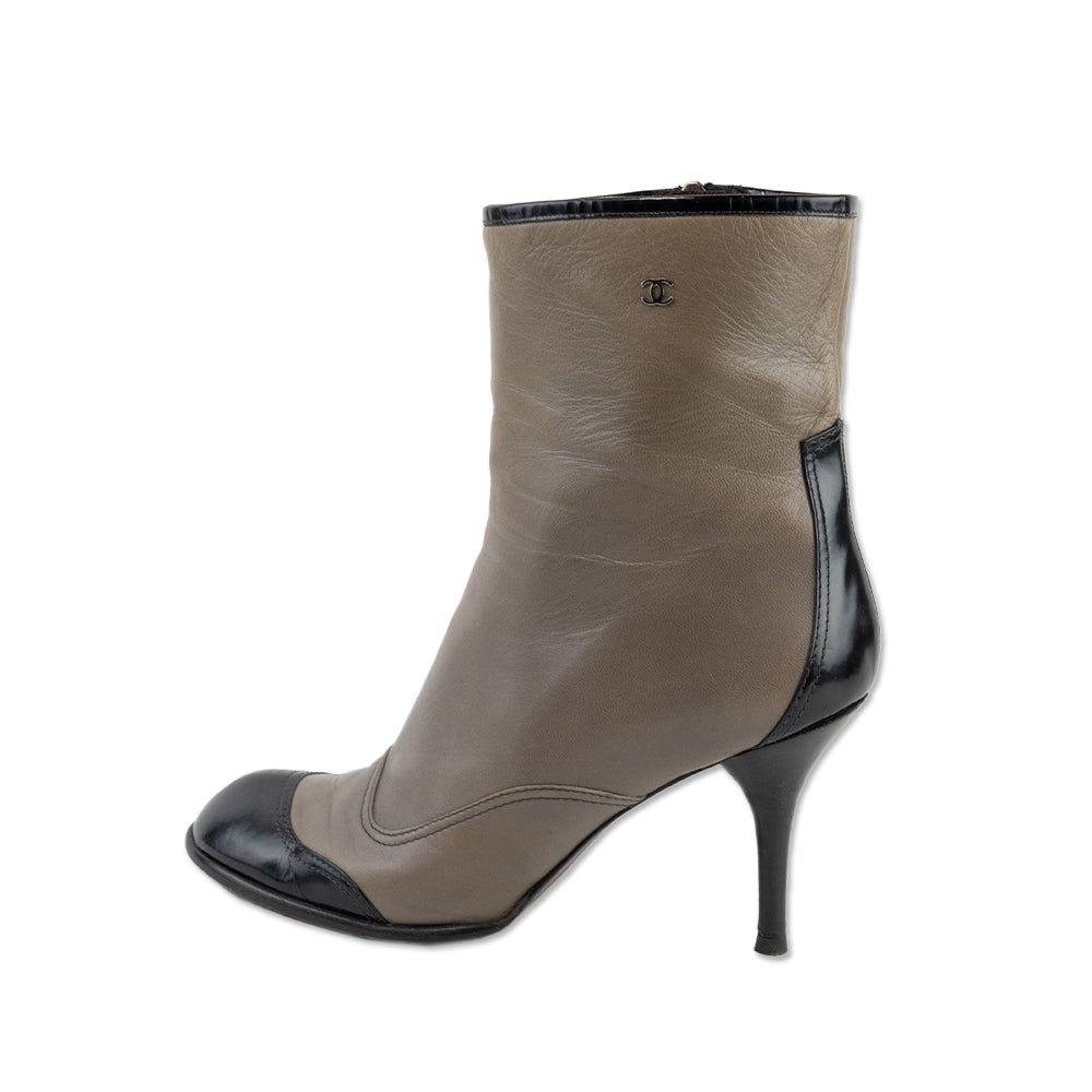 Chanel Gray Leather Heeled Ankle Boots with Black Accents