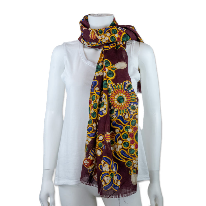 Chanel Maroon Jewel Printed Oversized Scarf with Fringe